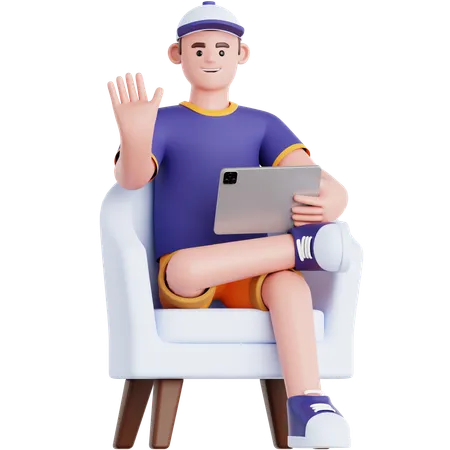 Homem usando tablet no sofá  3D Illustration