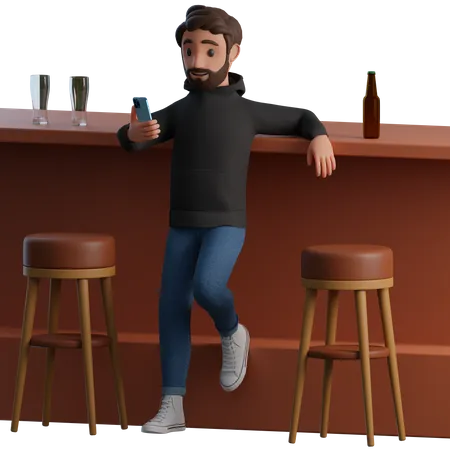 Homem usando telefone no balcão do bar  3D Illustration