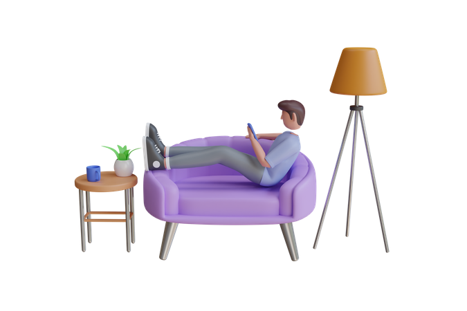 Homem usa celular enquanto está sentado no sofá  3D Illustration