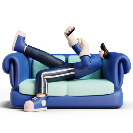 Homem verificando o telefone dela enquanto está sentado no sofá  3D Illustration