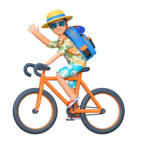 Homem De Viagem Andando De Bicicleta Com Mochila Carregando Ferias De Verao Acenando Com A Mao Ilustracao De Personagem De Desenho Animado 3 D 3D Illustration