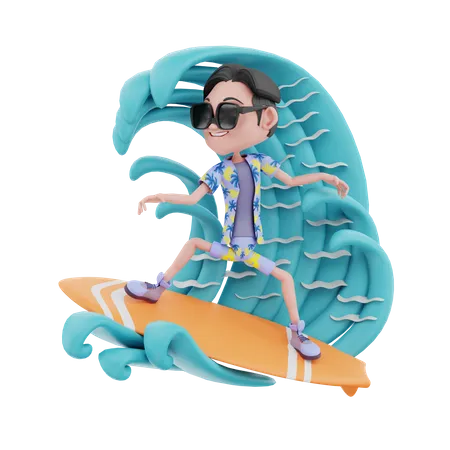 Viajante masculino surfando no mar  3D Illustration
