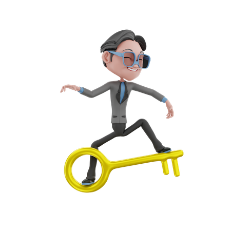 Homme chevauchant sur une clé d'affaires  3D Illustration