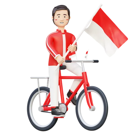 Homme à vélo avec drapeau indonésien  3D Illustration