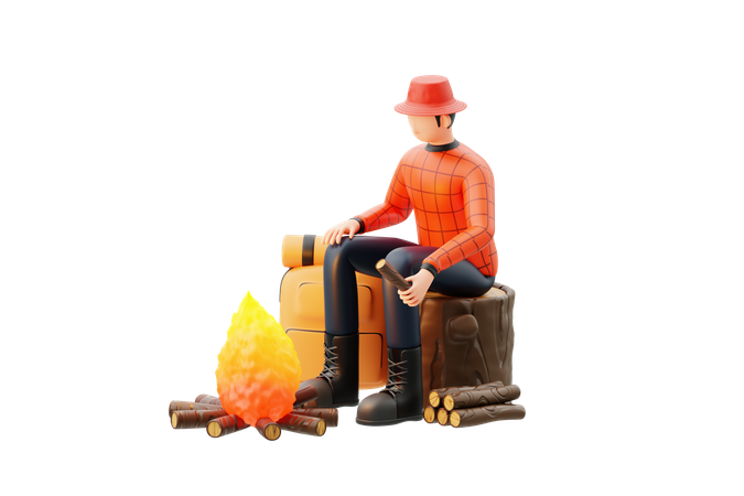 Homme allumant un feu de camp  3D Illustration