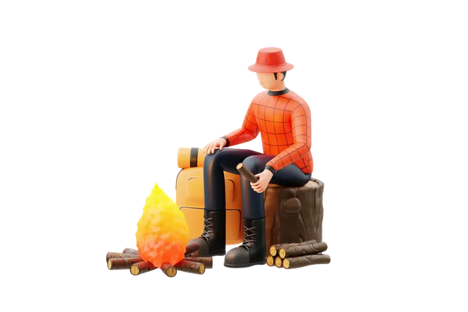 Homme allumant un feu de camp  3D Illustration