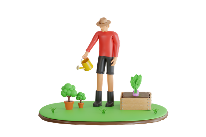 Homme arrosant des plantes  3D Illustration