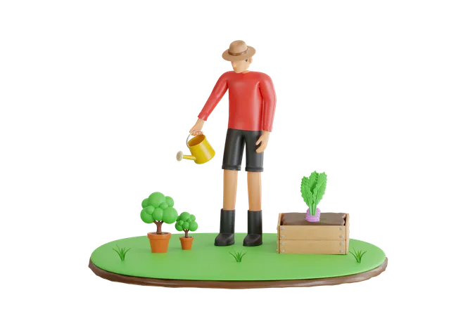 Homme arrosant des plantes  3D Illustration