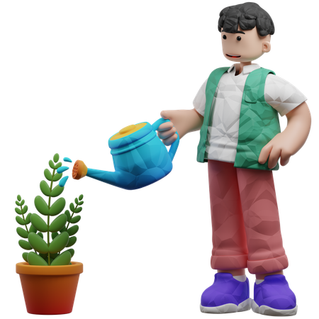 Homme arrosant une plante à l'aide d'un arrosoir  3D Illustration