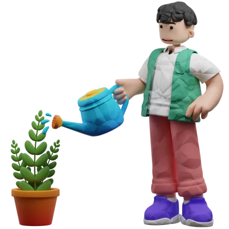 Homme arrosant une plante à l'aide d'un arrosoir  3D Illustration