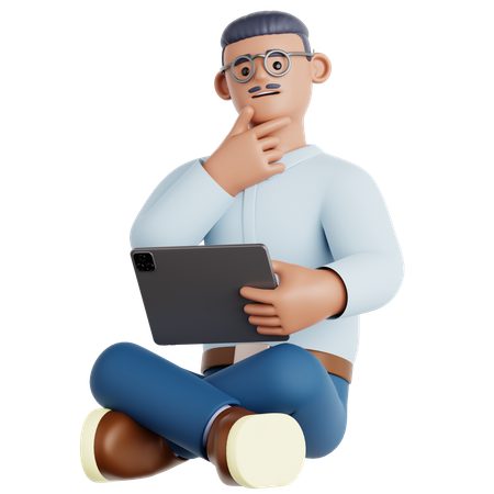 Homme assis avec une tablette et tenant une tablette  3D Illustration