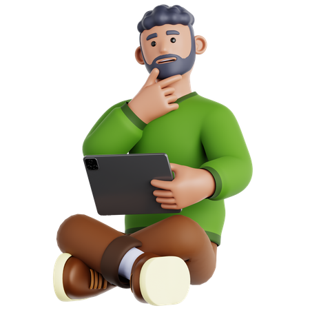 Homme assis avec une tablette et tenant une tablette  3D Illustration