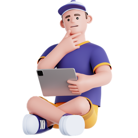 Homme assis avec une tablette et tenant une tablette  3D Illustration