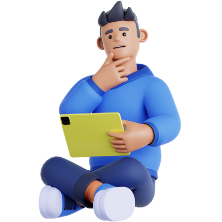 Homme assis avec une tablette et tenant une tablette  3D Illustration