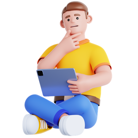 Homme assis avec une tablette et tenant une tablette  3D Illustration