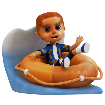 Homme assis dans un tube flottant sur la plage  3D Illustration