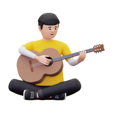 Homme Assis Jouant De La Guitare  3D Illustration