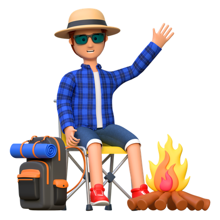 Homme assis près d'un feu de camp  3D Illustration