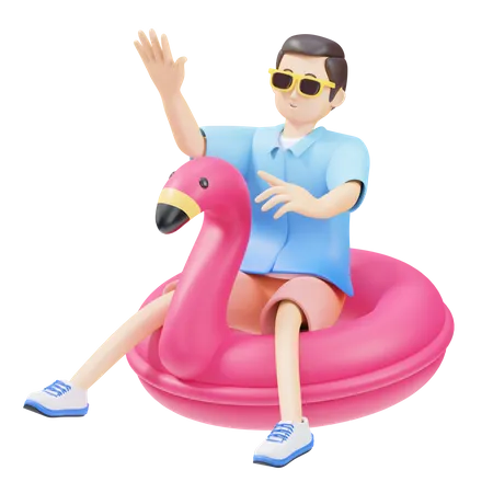 Homme assis sur un anneau de flamant rose  3D Icon