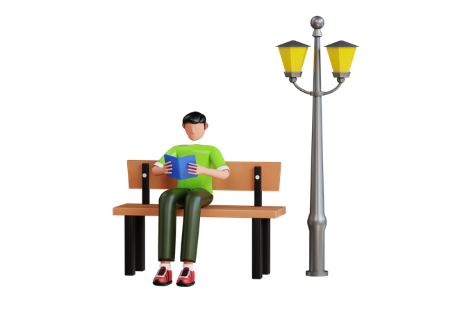 Homme assis sur un banc dans le jardin et lisant un livre  3D Illustration