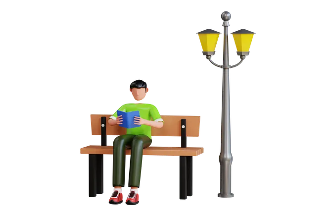 Homme assis sur un banc dans le jardin et lisant un livre  3D Illustration