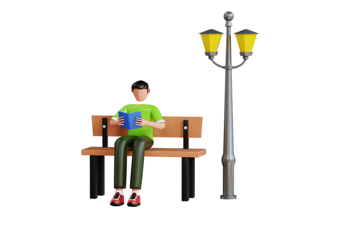 Homme assis sur un banc dans le jardin et lisant un livre  3D Icon