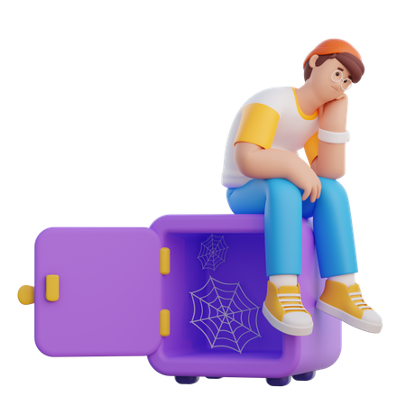 Homme assis sur un coffre-fort vide  3D Illustration