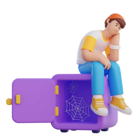 Homme assis sur un coffre-fort vide  3D Illustration