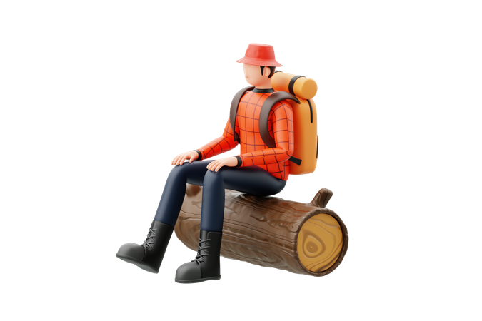 Homme assis sur une bûche de bois  3D Illustration