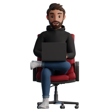 Homme assis sur une chaise avec un ordinateur portable et souriant  3D Illustration