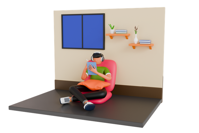Homme assis sur une chaise et utilise une tablette PC  3D Illustration