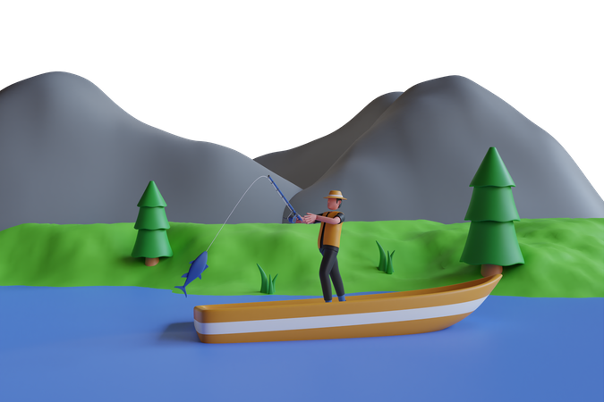 Homme au chapeau avec canne à pêche  3D Illustration