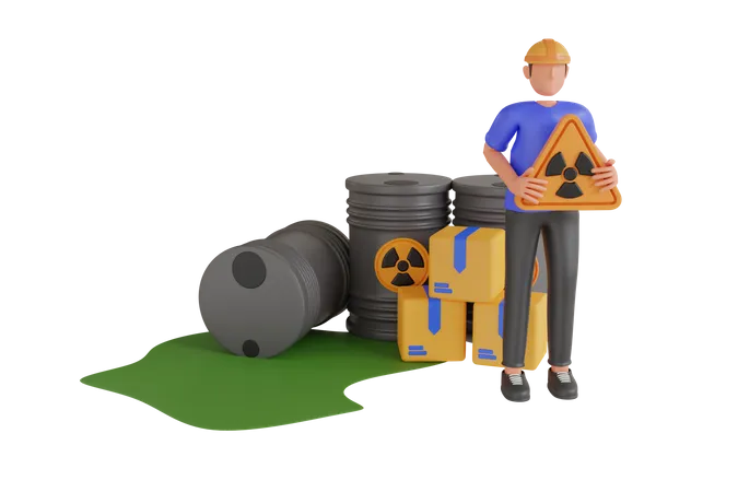 Homme avec des barils de liquide dangereux  3D Illustration