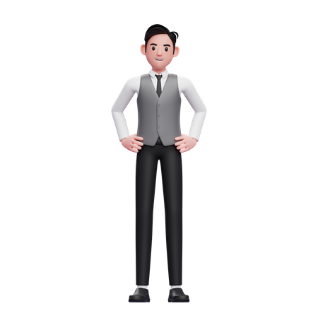 Homme avec la main sur la taille portant un gilet de bureau gris  3D Icon