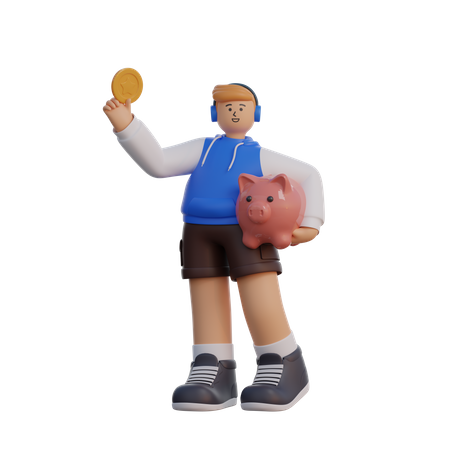 Homme avec pièce de monnaie et tirelire  3D Illustration