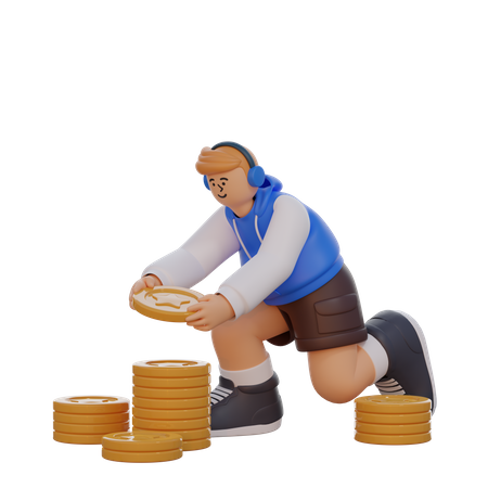Homme avec des pièces de monnaie  3D Illustration