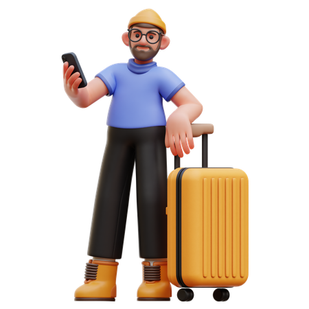 Homme avec téléphone et valise  3D Illustration