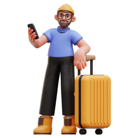 Homme avec téléphone et valise  3D Illustration