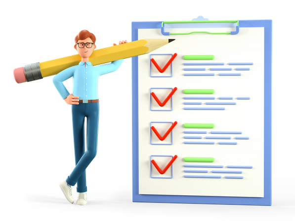 Homme avec un énorme crayon et une liste de contrôle géante marquée  3D Icon