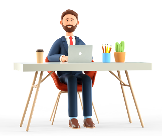 Homme d'affaires avec ordinateur portable travaillant au bureau  3D Illustration