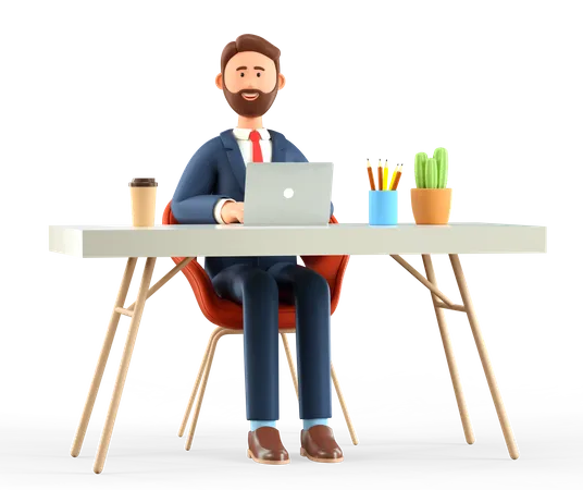 Homme d'affaires avec ordinateur portable travaillant au bureau  3D Illustration