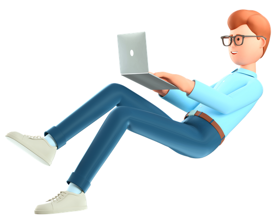 Homme avec un ordinateur portable volant dans les airs  3D Icon