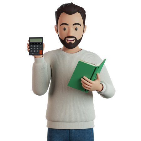 Homme avec une calculatrice et un livre dans les mains  3D Illustration