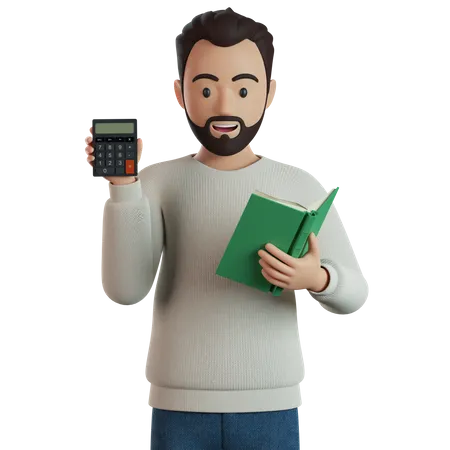 Homme avec une calculatrice et un livre dans les mains  3D Illustration