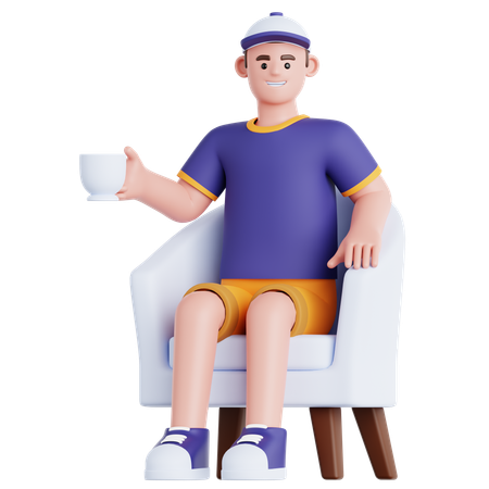 Homme avec une tasse de boisson assis sur un canapé  3D Illustration