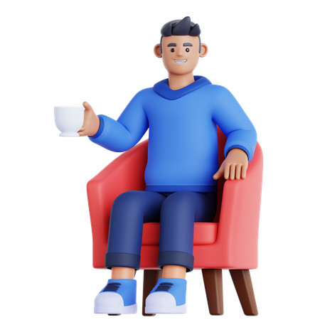 Homme avec une tasse de boisson assis sur un canapé  3D Illustration