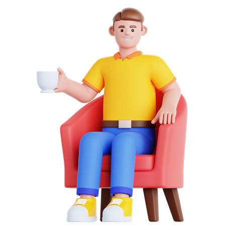 Homme avec une tasse de boisson assis sur un canapé  3D Illustration