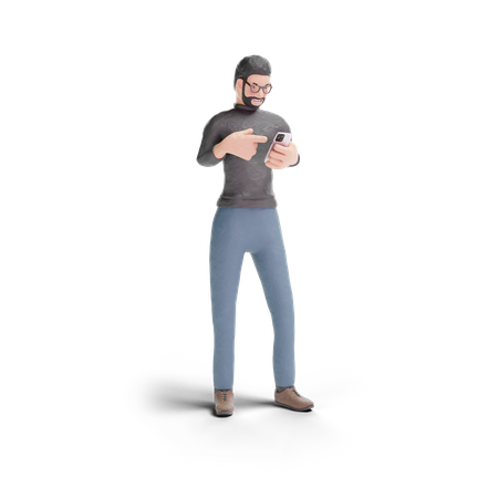 Homme barbu pointant vers le téléphone  3D Illustration