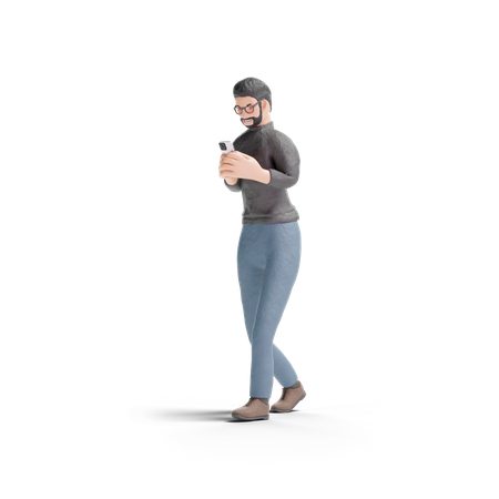 Homme barbu utilisant un téléphone en marchant  3D Illustration