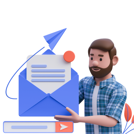 Homme barbu envoyant du courrier  3D Illustration